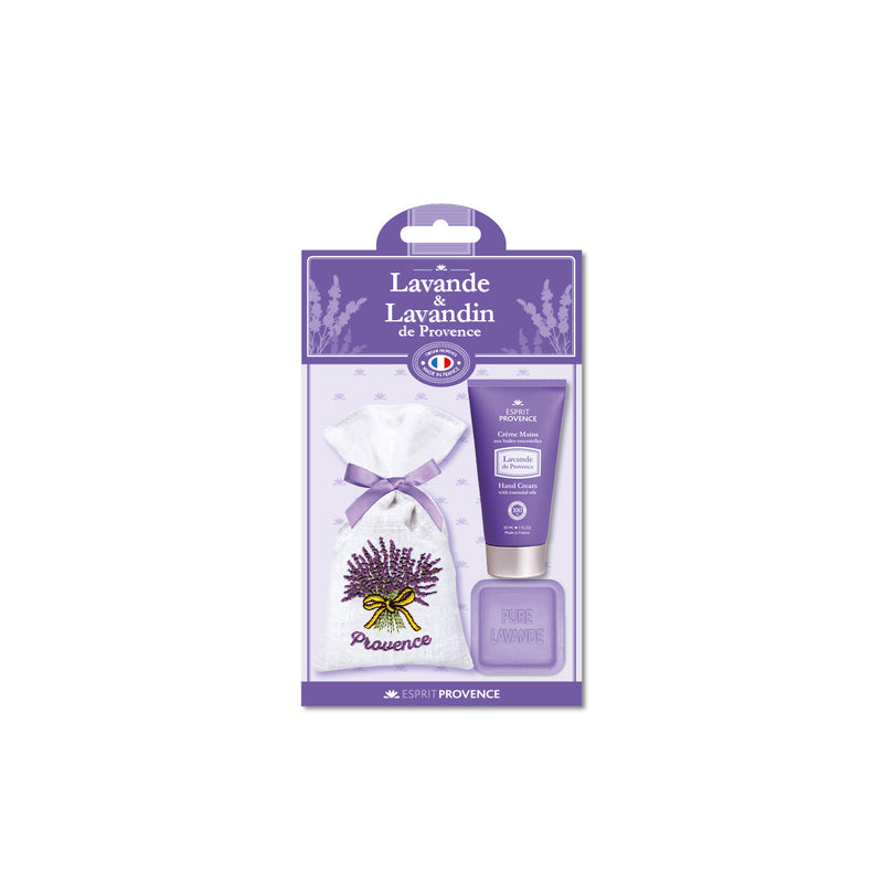 ESPRIT PROVENCE RINKINYS: 1 LEVANDŲ MUILIUKAS, 1 LEVANDŲ RANKŲ KREMAS, 1 SIUVINĖTAS LEVANDŲ IR LEVANDINŲ ŽIEDŲ MAIŠELIS