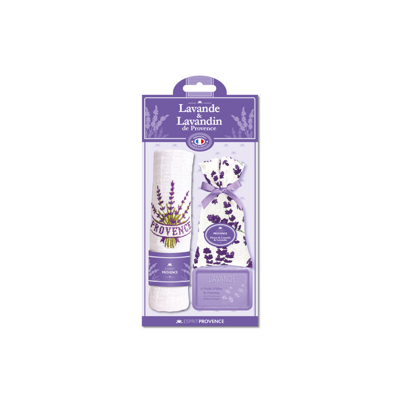 ESPRIT PROVENCE RINKINYS: 1 LEVANDŲ MUILAS, 1 LEVANDŲ IR LEVANDINŲ ŽIEDŲ MAIŠELIS, 1 SIUVINĖTAS LEVANDOMIS RANKŠLUOSTUKAS