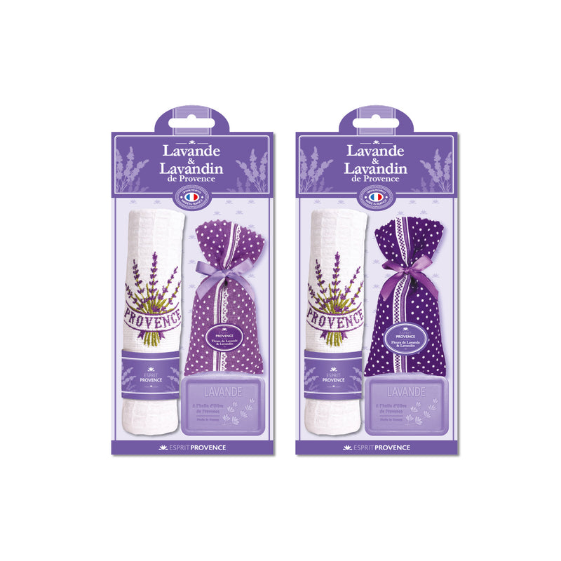 ESPRIT PROVENCE RINKINYS: 1 LEVANDŲ MUILAS, 1 LEVANDŲ IR LEVANDINŲ ŽIEDŲ MAIŠELIS, 1 SIUVINĖTAS LEVANDOMIS RANKŠLUOSTUKAS