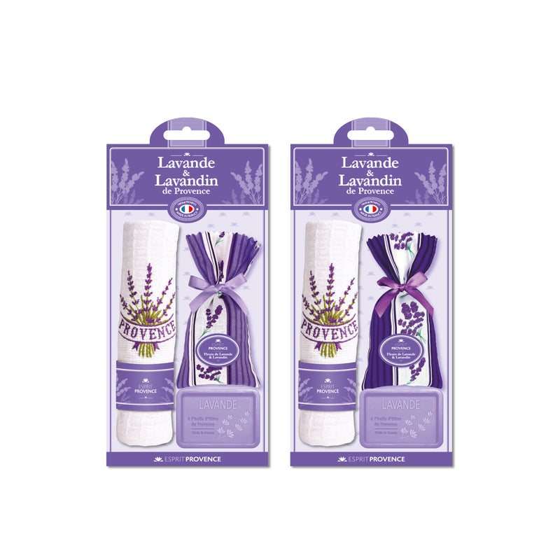 ESPRIT PROVENCE RINKINYS: 1 LEVANDŲ MUILAS, 1 LEVANDŲ IR LEVANDINŲ ŽIEDŲ MAIŠELIS, 1 SIUVINĖTAS LEVANDOMIS RANKŠLUOSTUKAS