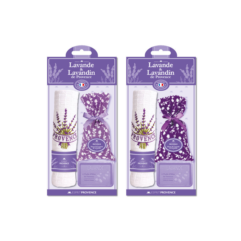 ESPRIT PROVENCE RINKINYS: 1 LEVANDŲ MUILAS, 1 LEVANDŲ IR LEVANDINŲ ŽIEDŲ MAIŠELIS, 1 SIUVINĖTAS LEVANDOMIS RANKŠLUOSTUKAS