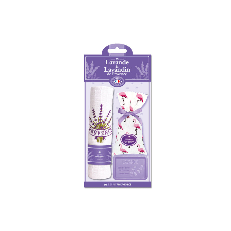 ESPRIT PROVENCE RINKINYS: 1 LEVANDŲ MUILAS, 1 LEVANDŲ IR LEVANDINŲ ŽIEDŲ MAIŠELIS, 1 SIUVINĖTAS LEVANDOMIS RANKŠLUOSTUKAS
