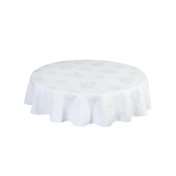 Balta apvali staltiesė su siuvinėtais gėlių motyvais